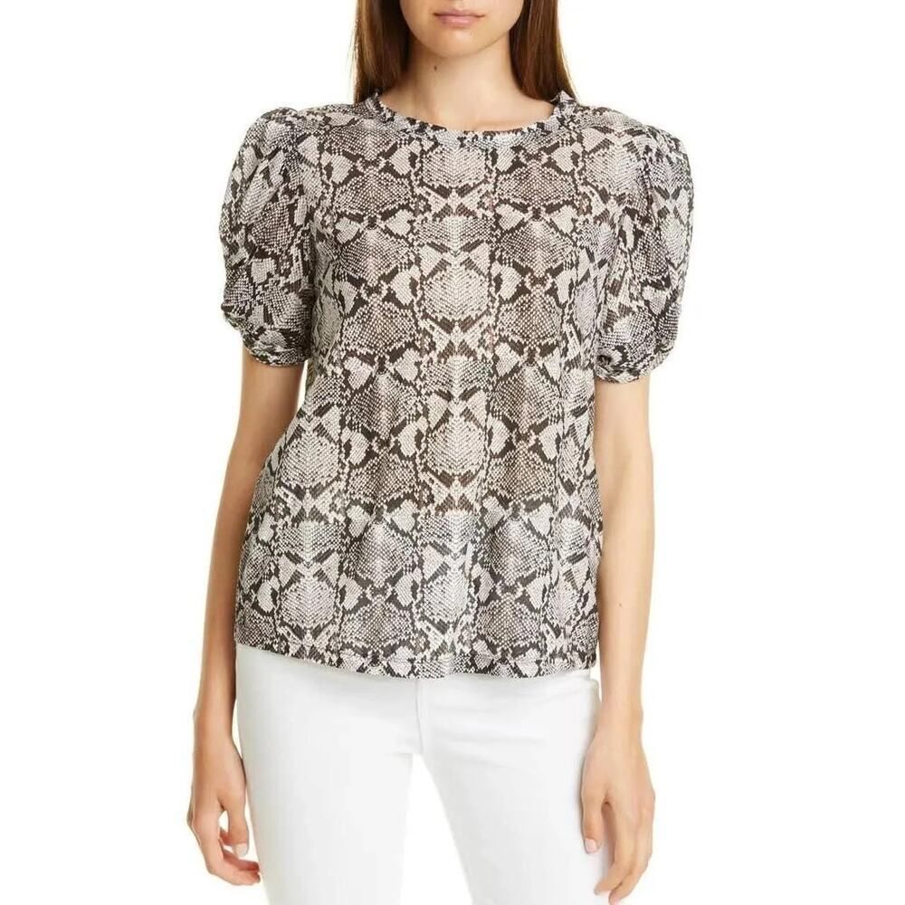 ALC Kati Puff Sleeve Tee T-Shirt Women's XS Black White Snake Print Short Sleeve